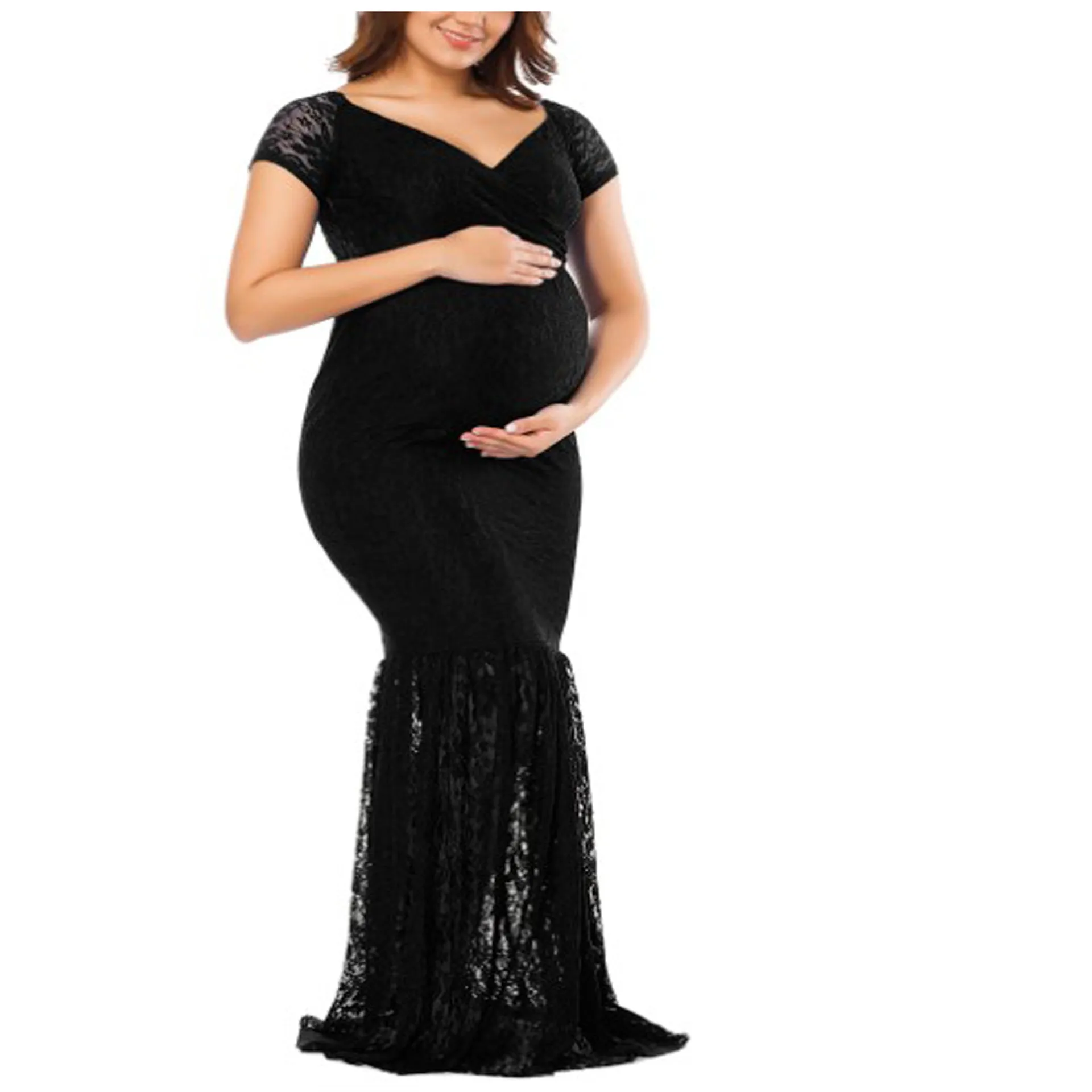 Solid Color Large V-neck Long Sleeve Lace Trailing Dress Maternity Dress Shooting