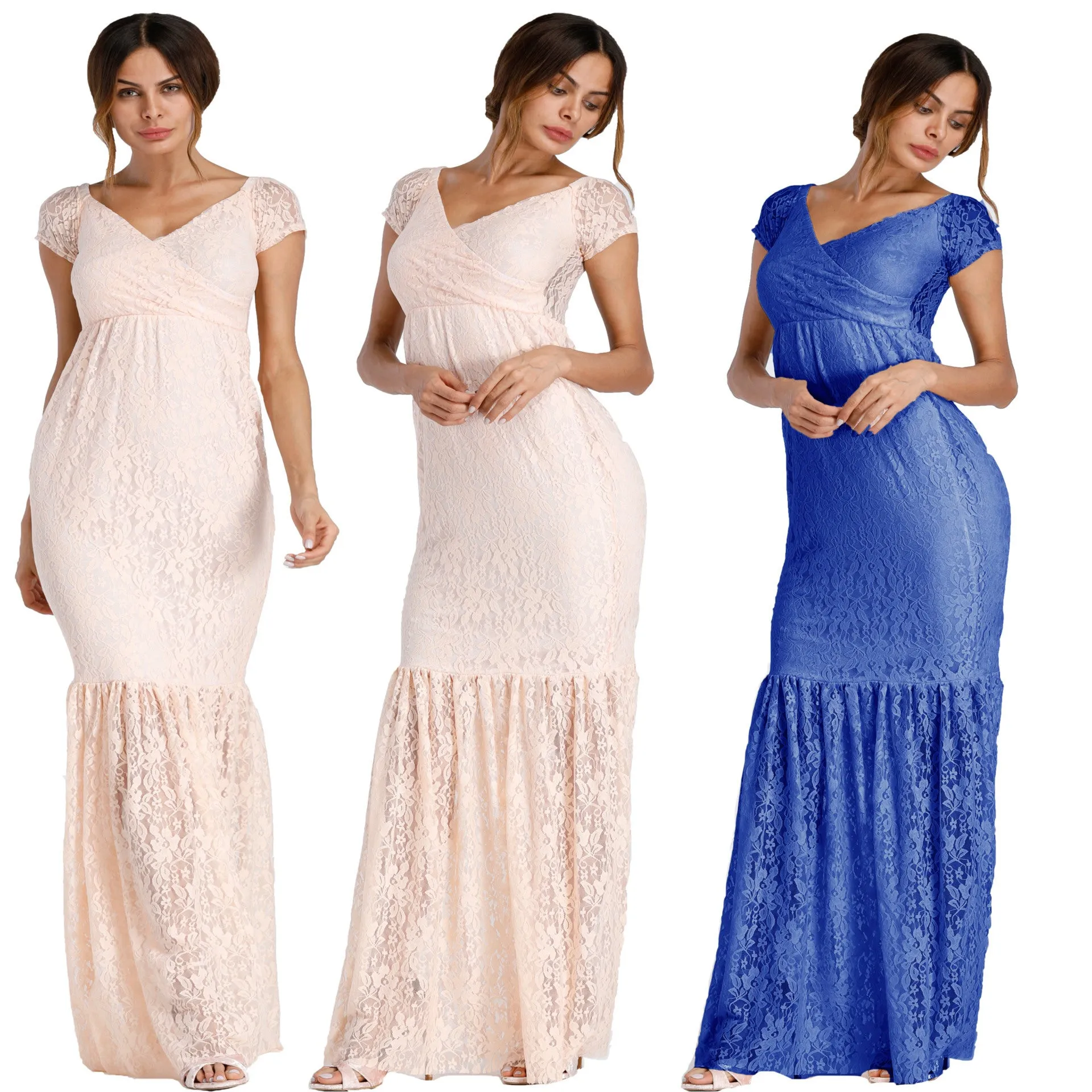 Solid Color Large V-neck Long Sleeve Lace Trailing Dress Maternity Dress Shooting