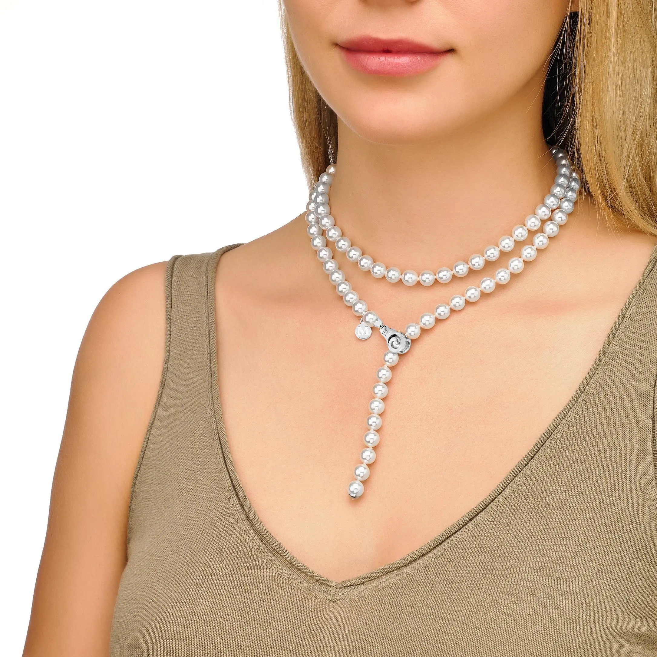 Sterling Silver Gold Plated Long Necklace for Women with White Round Pearls, 8mm Pearl, 35.4 Chain Length with Multiposition Clasp, Jour Collection