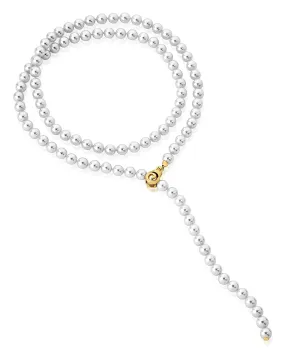 Sterling Silver Gold Plated Long Necklace for Women with White Round Pearls, 8mm Pearl, 35.4 Chain Length with Multiposition Clasp, Jour Collection