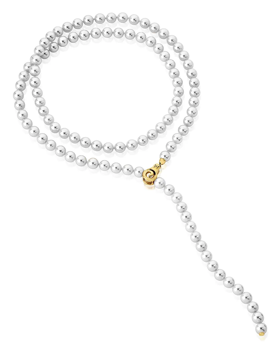 Sterling Silver Gold Plated Long Necklace for Women with White Round Pearls, 8mm Pearl, 35.4 Chain Length with Multiposition Clasp, Jour Collection