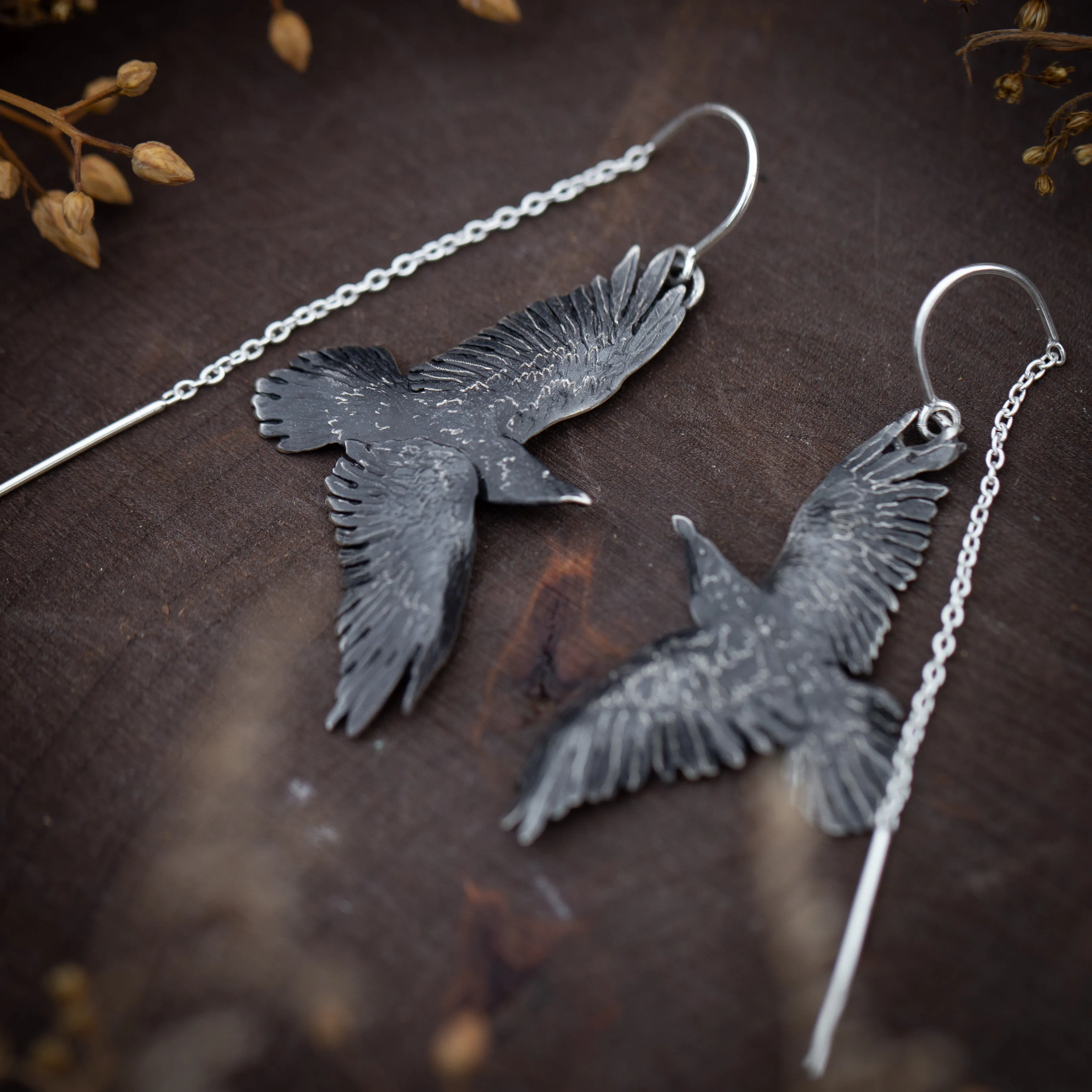 Sterling Silver Raven Ear Threaders