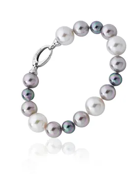 Sterling Silver Rhodium Plated Bracelet for Women with Organic Pearl, 8/12mm Round White/Grey/Nuage Pearl, 7.8 Length, Estela Collection