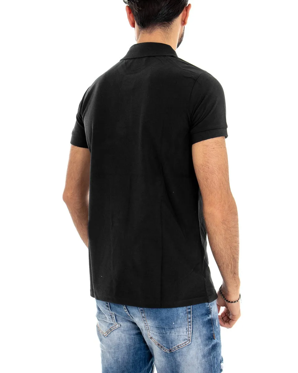 T-shirt Uomo Polo Tinta Unita Nero Manica Corta Colletto Bottoncini Basic Casual GIOSAL-TS2971A