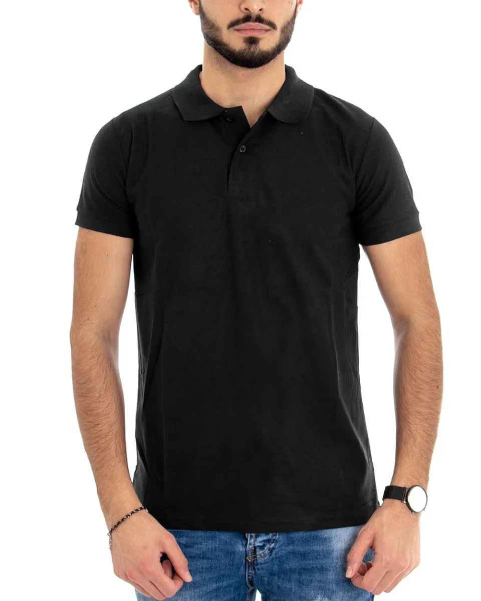 T-shirt Uomo Polo Tinta Unita Nero Manica Corta Colletto Bottoncini Basic Casual GIOSAL-TS2971A