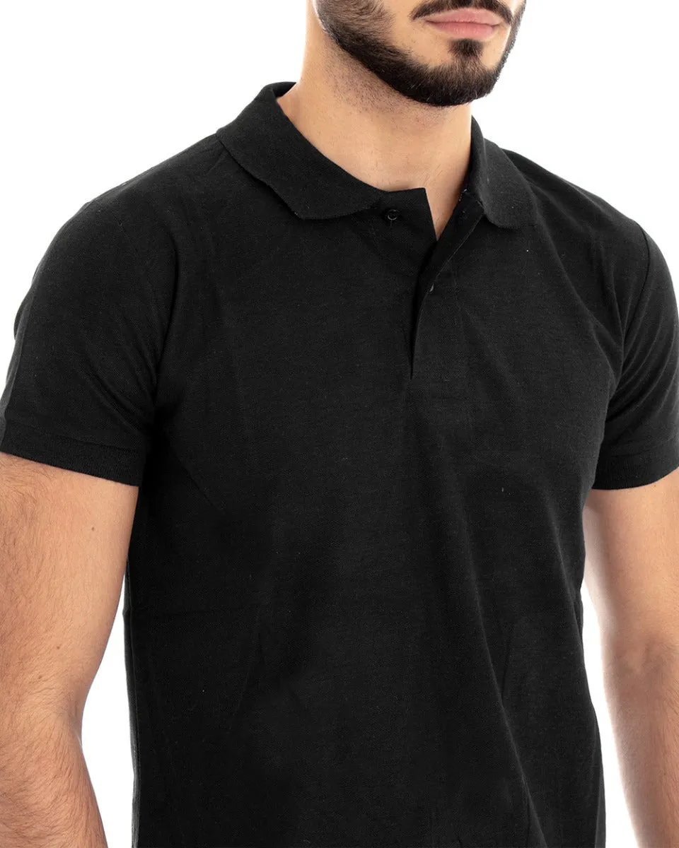 T-shirt Uomo Polo Tinta Unita Nero Manica Corta Colletto Bottoncini Basic Casual GIOSAL-TS2971A