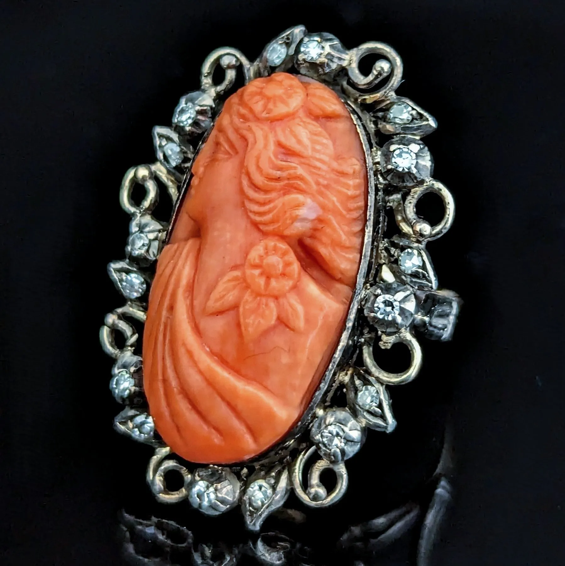 The Denton - Antique Carved Coral Cameo 14k Yellow Gold Silver Accents