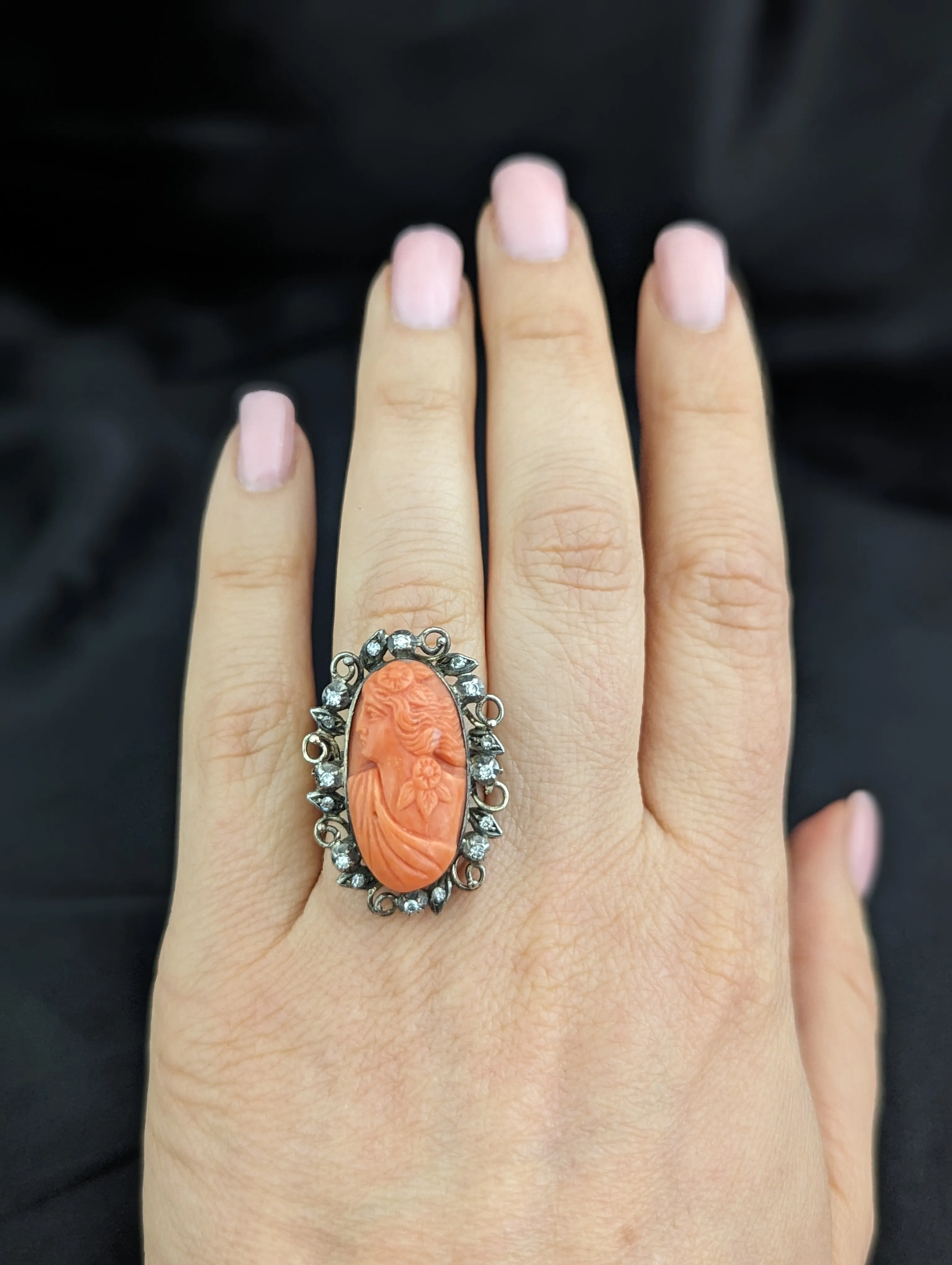 The Denton - Antique Carved Coral Cameo 14k Yellow Gold Silver Accents