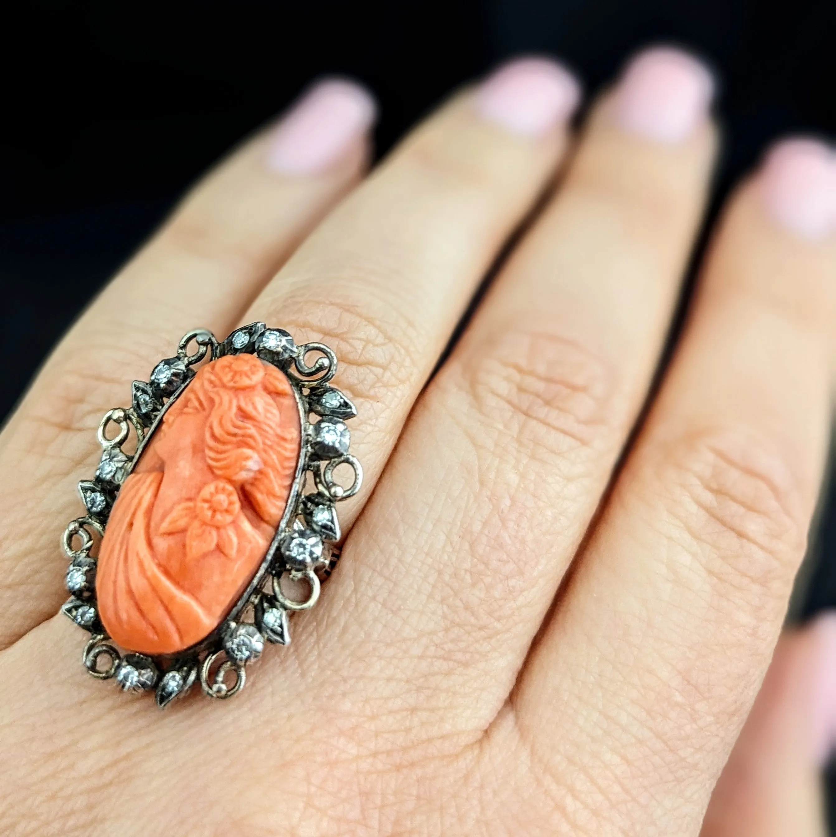 The Denton - Antique Carved Coral Cameo 14k Yellow Gold Silver Accents