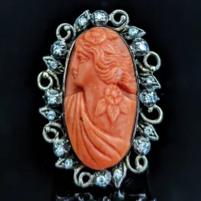 The Denton - Antique Carved Coral Cameo 14k Yellow Gold Silver Accents