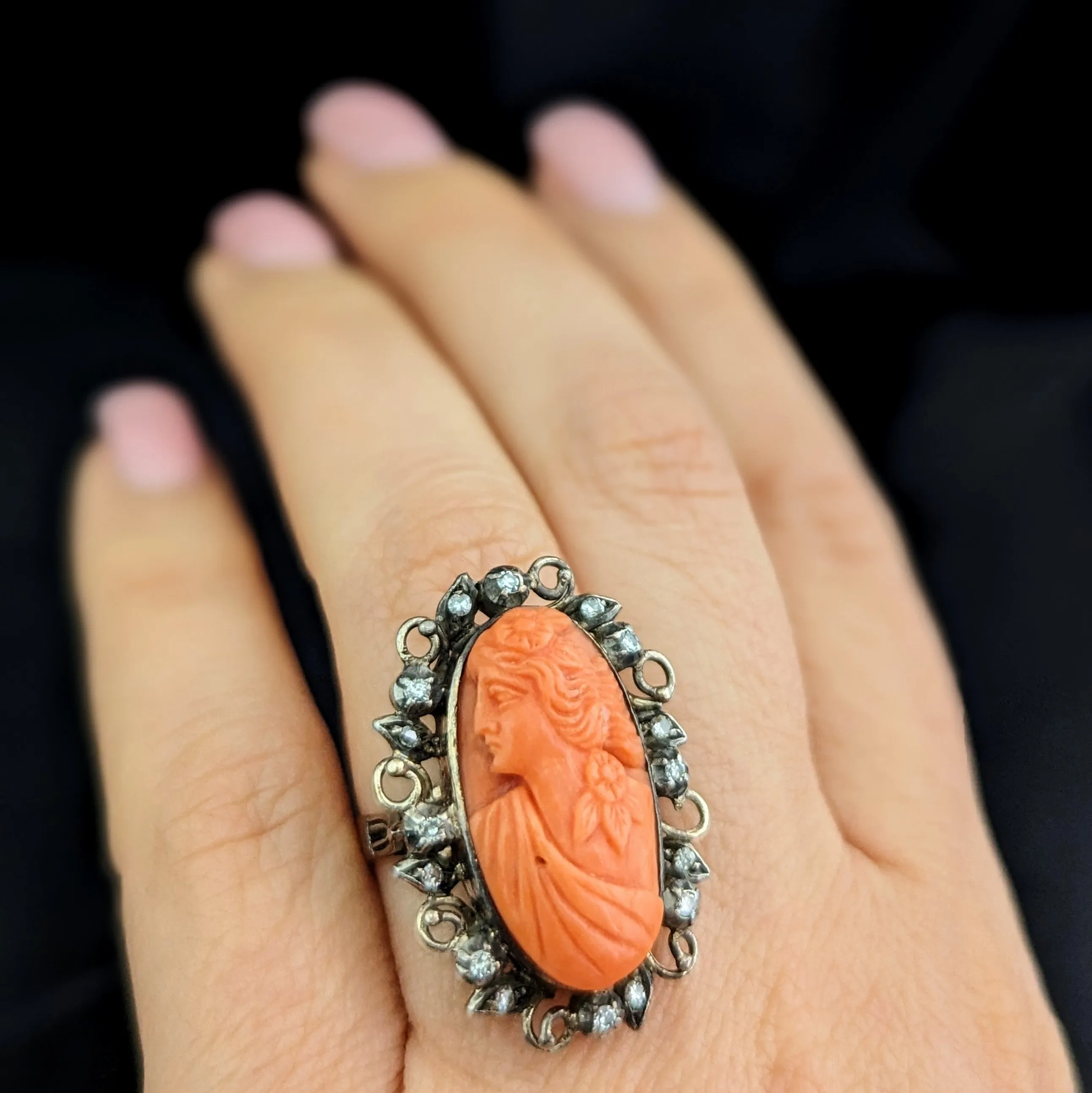 The Denton - Antique Carved Coral Cameo 14k Yellow Gold Silver Accents