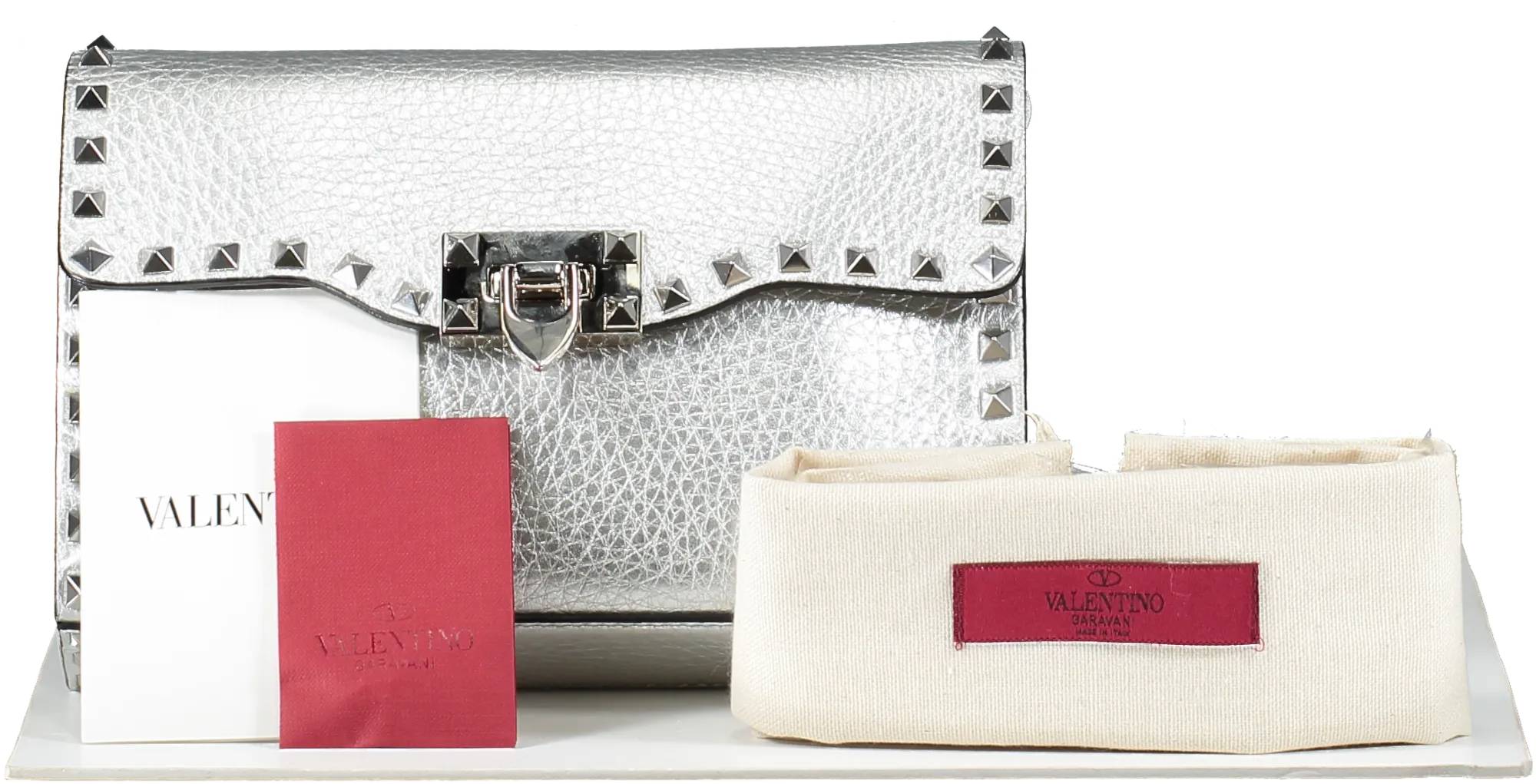 Valentino Garavani Metallic pebbled leather Rockstud Flip Lock Flap Bag Silver