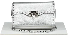 Valentino Garavani Metallic pebbled leather Rockstud Flip Lock Flap Bag Silver