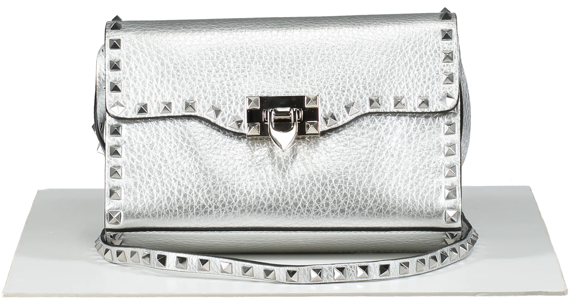 Valentino Garavani Metallic pebbled leather Rockstud Flip Lock Flap Bag Silver