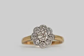 Victorian Era Old Cut Diamond Cluster Silver Top Flower Ring in 14k Gold