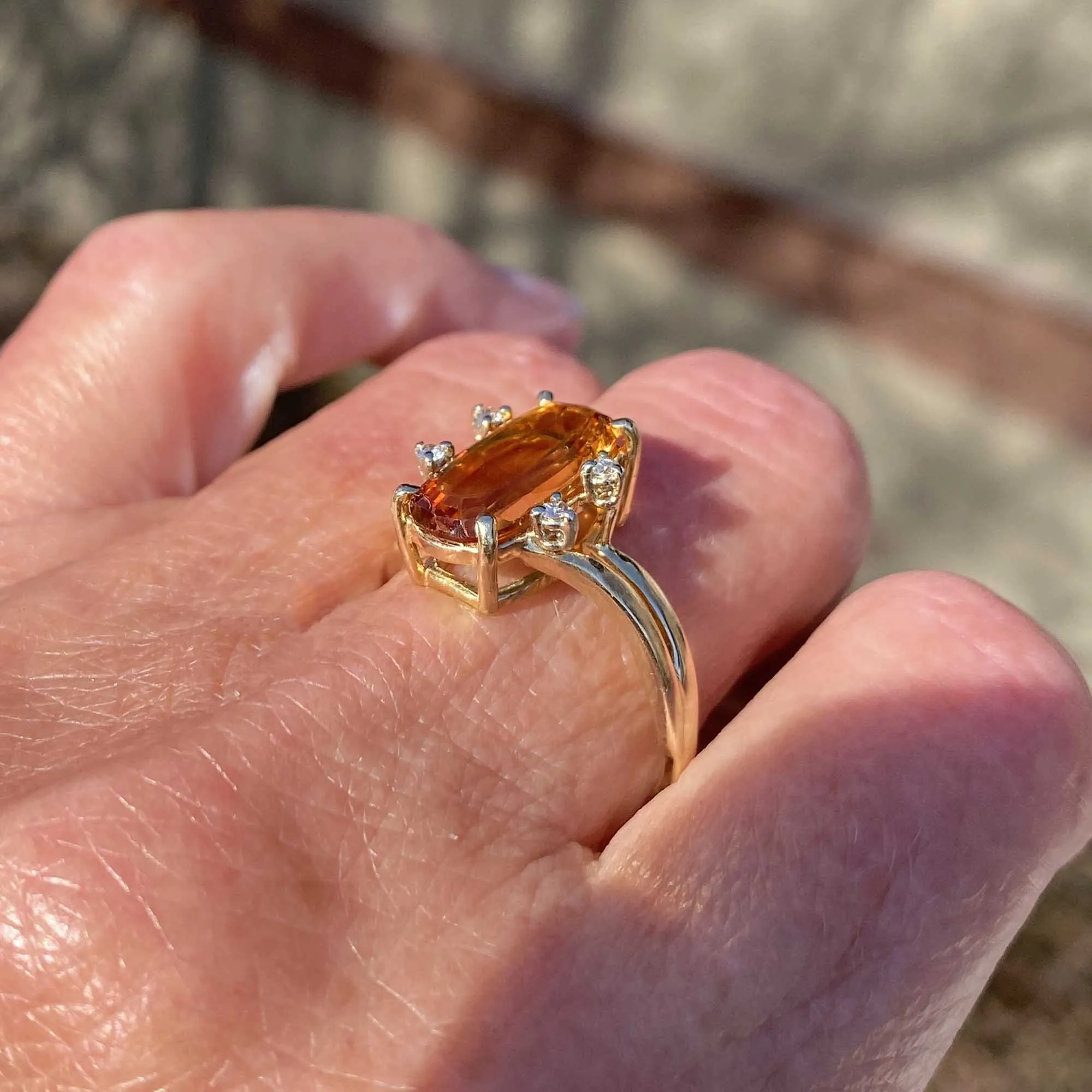 Vintage 14K Gold Diamond Specialty Cut Citrine Ring