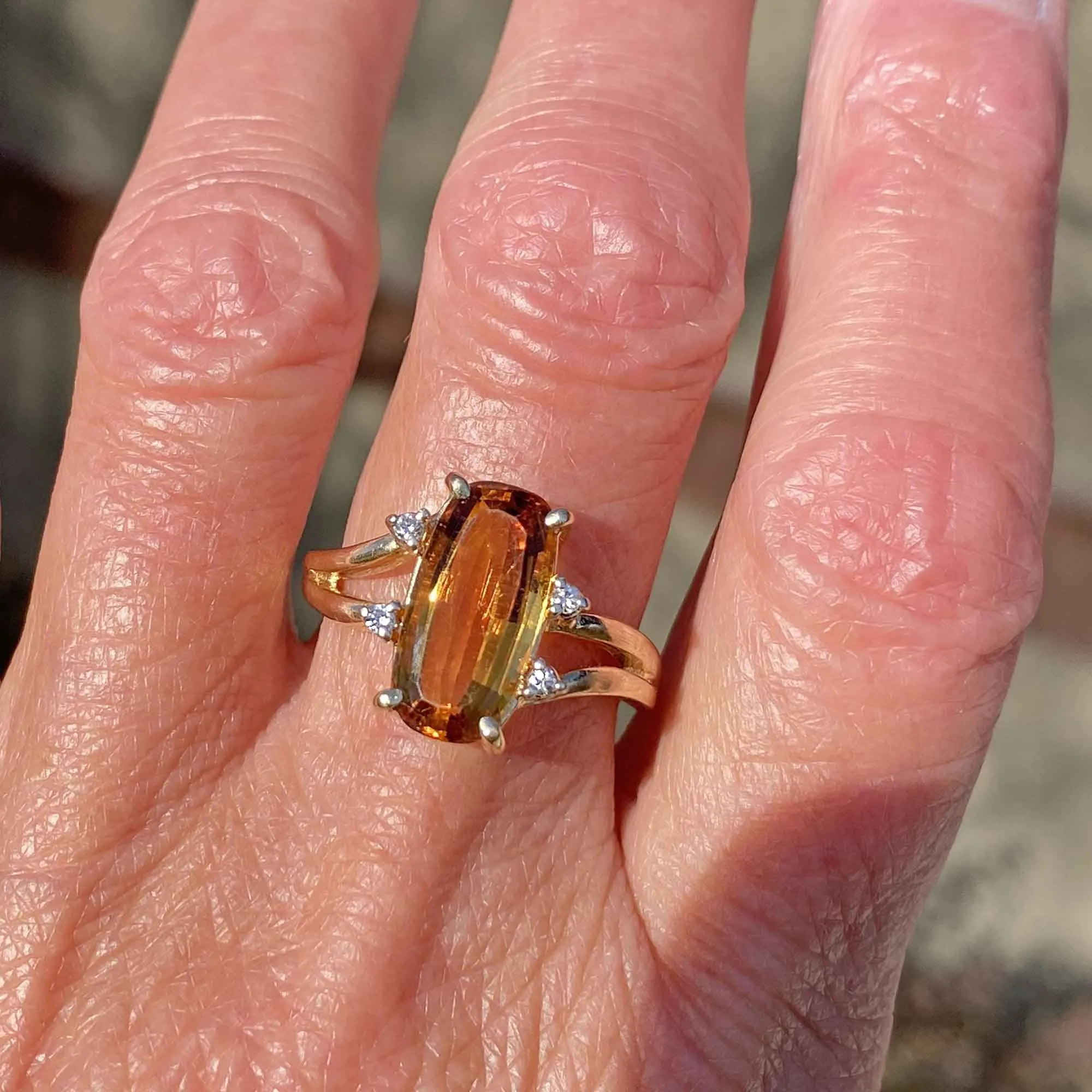 Vintage 14K Gold Diamond Specialty Cut Citrine Ring