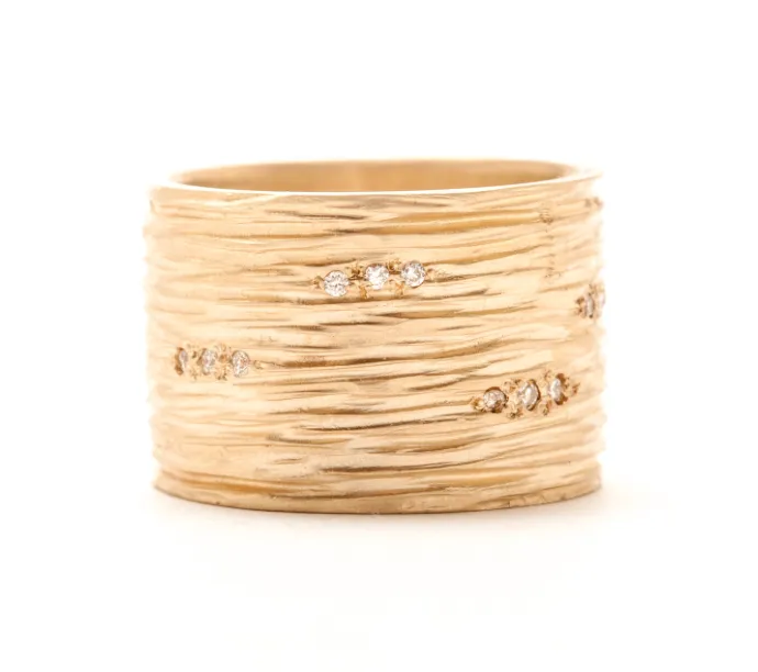 Wide Carved Lines With Pave Set Diamonds Band by Rebecca Overmann